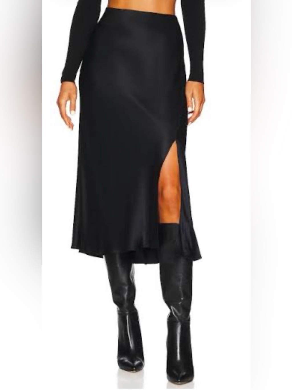 Rachel Zoe Black Satin Crinkle Midi Slip Skirt Size Large